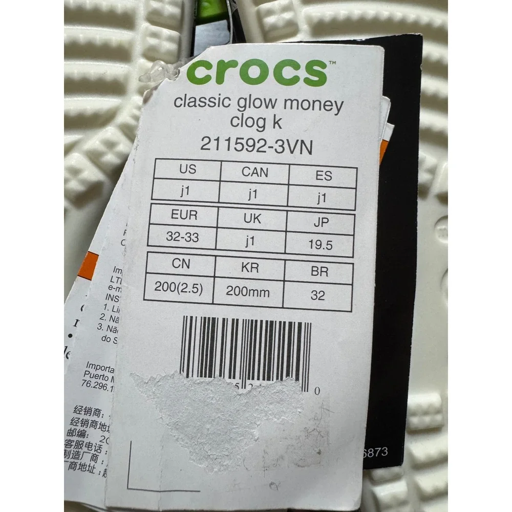 Crocs Classic Glow Money Clog K Kids J1 Black White $100 Bill 211592-3VN New
